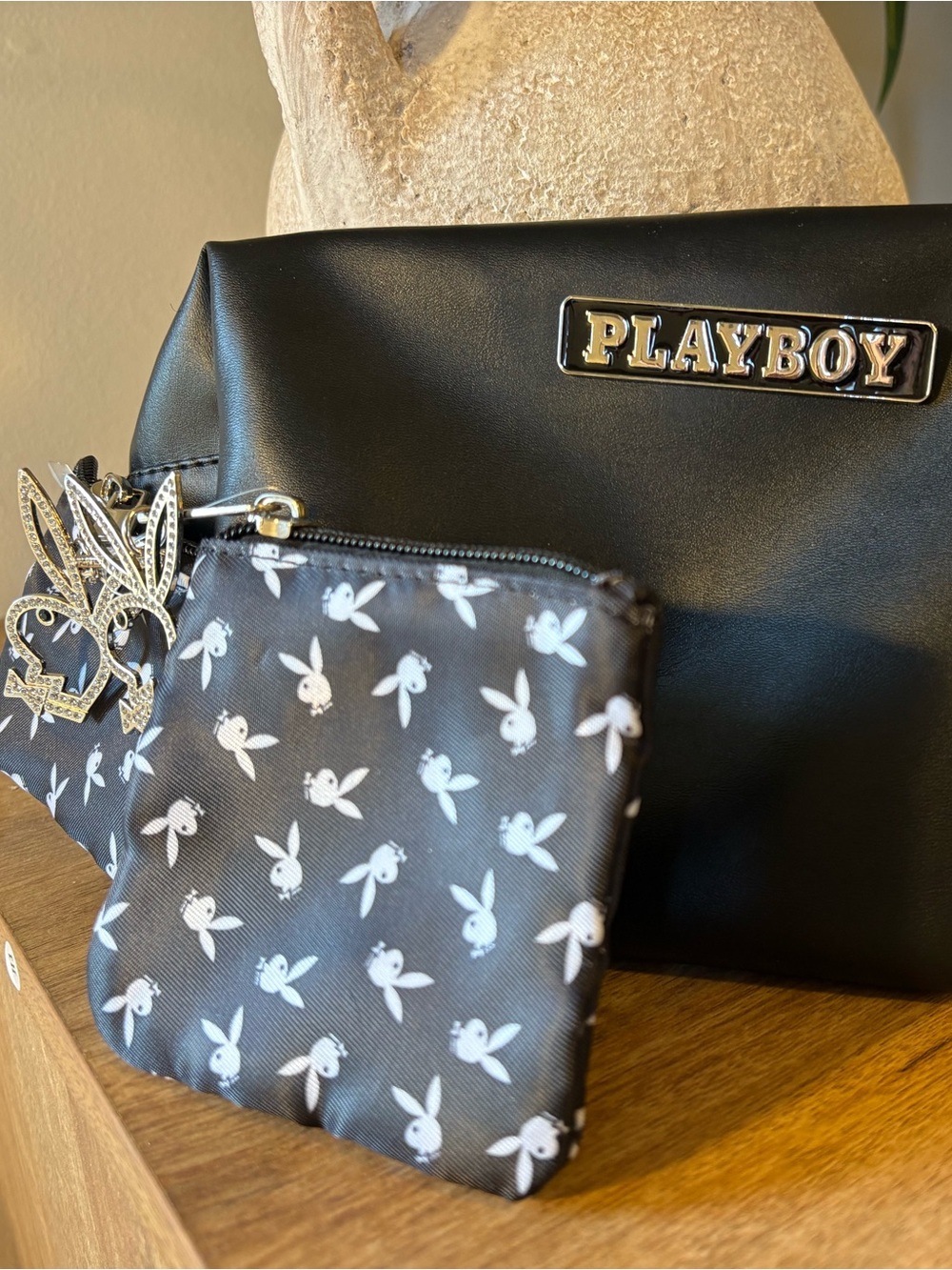 PLAYBOY Black Cosmetic Travel Makeup Bag Trio with Rhinestone Bunny Charm NWOT